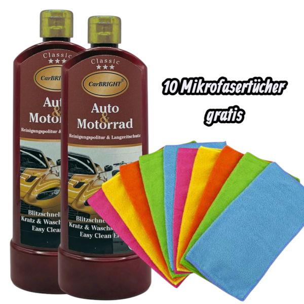 CarBRIGHT Classic Autopolitur Das Original für Auto&Motorrad 2x500ml / 2er Set + GRATIS 10er Pack Mikrofasertücher