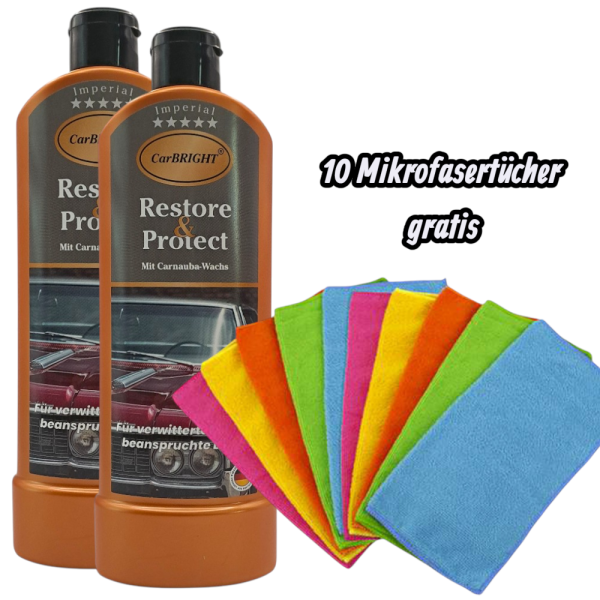 CarBRIGHT Imperial Restore & Protect Autopolitur 2x500ml / 2er Set + GRATIS 10er Pack Mikrofasertücher