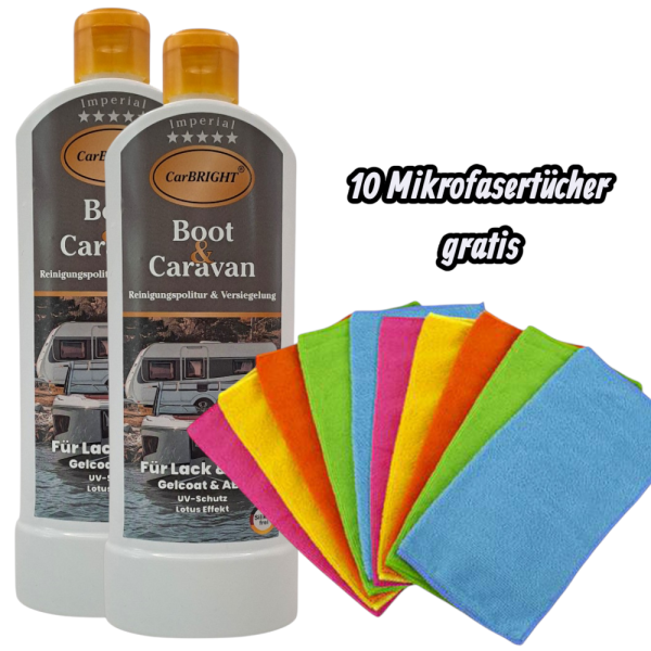 CarBRIGHT Imperial Boot & Caravan Reinigungspolitur&Versiegelung 2x500ml/2er Set + GRATIS 10er Pack Mikrofasertücher